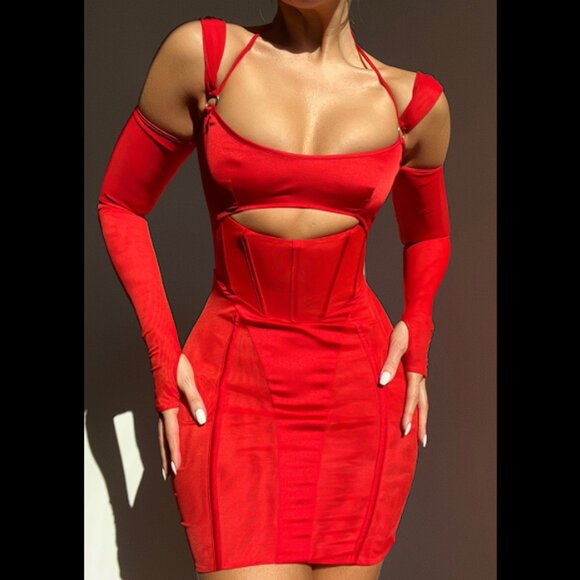Mistress Rocks 'Mon Amour' Scarlett Red Mesh Cutout Mini Dress NWOT - Picture 1 of 9